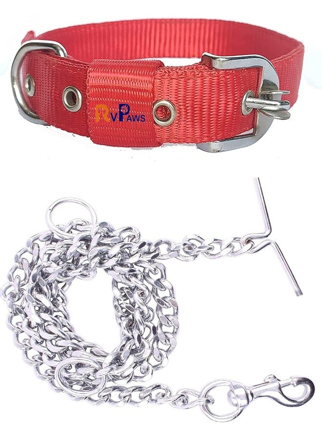 Pups&Pets Dog Belt Combo of 1 inch Nylon Collar with Heavy Dog Chain 63 Inch Lengthy Dog Collar Chain (Red) - Image 1